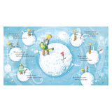 Illustration of the Little Prince caring for a rose on small planets with storybook text on a blue starry background.