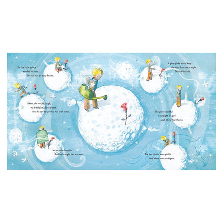 Illustration of the Little Prince caring for a rose on small planets with storybook text on a blue starry background.