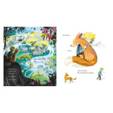 The Little Prince and a fox overlook a valley of animals, including elephants and zebras, in a whimsical book illustration.