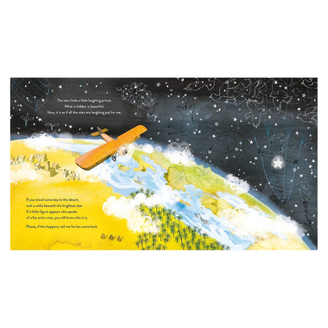 Illustration of a plane flying over Earth toward a starry sky with The Little Prince constellations.