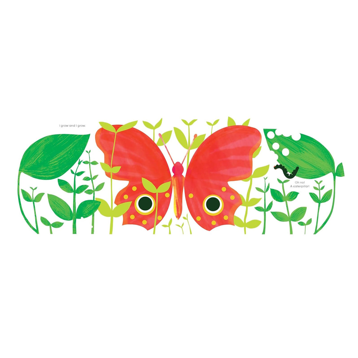 Colorful illustration of a red butterfly among green leaves with a small caterpillar on a partially eaten leaf.