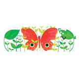Colorful illustration of a red butterfly among green leaves with a small caterpillar on a partially eaten leaf.