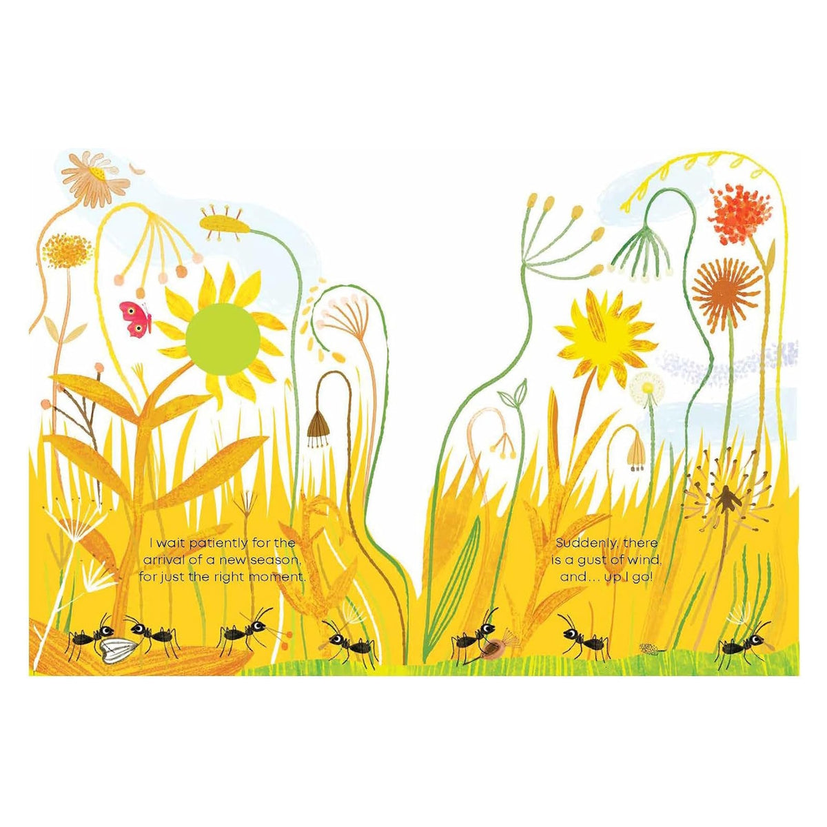 Whimsical illustration of ants walking through tall yellow grass and colorful flowers under a bright sky with text.