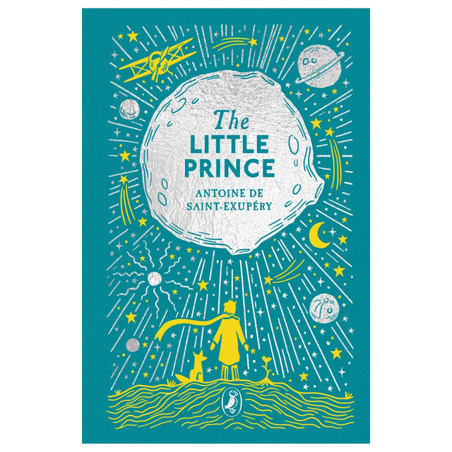 Book cover for The Little Prince by Antoine de Saint-Exupéry featuring a teal background with silver and gold celestial art.