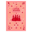 Pink Little Women book cover by Louisa May Alcott, featuring red silhouettes of four sisters and gold floral patterns.
