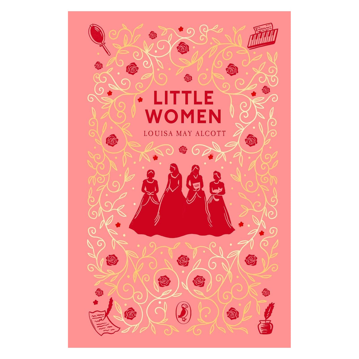 Pink Little Women book cover by Louisa May Alcott, featuring red silhouettes of four sisters and gold floral patterns.