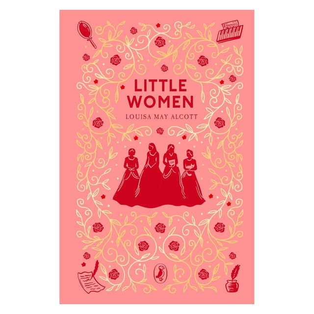 Pink Little Women book cover by Louisa May Alcott, featuring red silhouettes of four sisters and gold floral patterns.