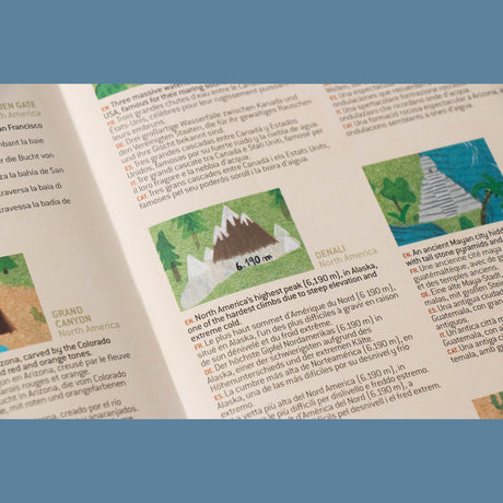 Close-up of a Londji educational booklet featuring Denali, with multilingual descriptions and colorful illustrations.