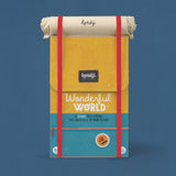 Londji Wonderful World board game box designed as a yellow backpack with red straps to explore the marvels of our planet.
