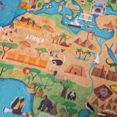Illustrated map of Africa by Londji featuring wild animals, pyramids, and historical landmarks on a textured background.