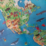 Illustrated map of North America featuring landmarks like the Statue of Liberty, Golden Gate Bridge, and diverse wildlife.