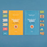 Londji Wonderful World educational board game components with continent tags and landmark tiles on a blue background.