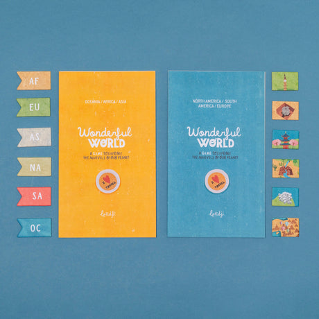 Londji Wonderful World educational board game components with continent tags and landmark tiles on a blue background.
