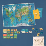 Londji Wonderful World game featuring an illustrated world map, continent tokens, and a canvas storage bag.