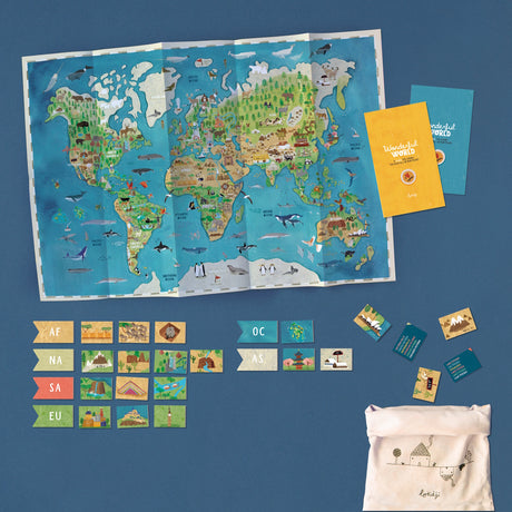 Londji Wonderful World game featuring an illustrated world map, continent tokens, and a canvas storage bag.