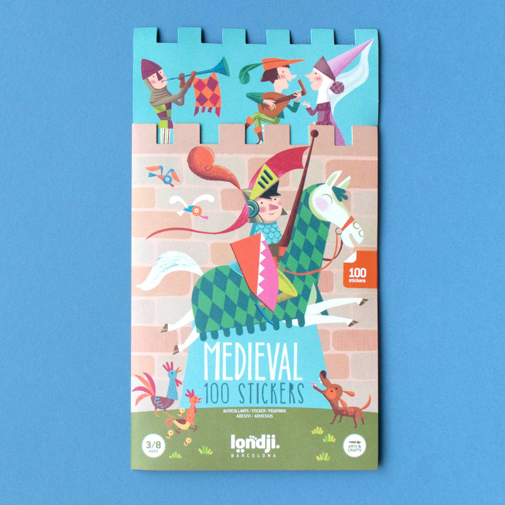 Illustrated cover with a medieval theme, featuring knights and musicians on a castle wall. A knight on horseback is in the foreground. Playful and colorful design.