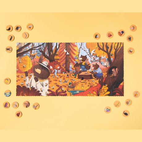 Londji Bears Forest puzzle featuring whimsical woodland animals, bears, and insects on a warm yellow background.