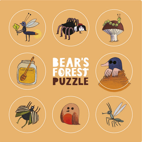 Bear's Forest Puzzle icons featuring a honey jar, mole, spider, caterpillar, and insects on a tan background.