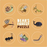 Bear's Forest Puzzle illustration featuring eight circular icons of whimsical forest insects and a woodland fairy.
