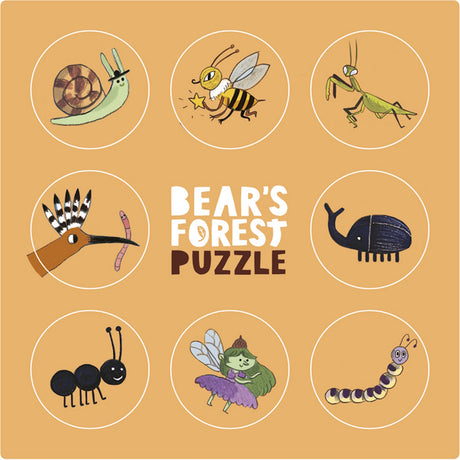 Bear's Forest Puzzle illustration featuring eight circular icons of whimsical forest insects and a woodland fairy.