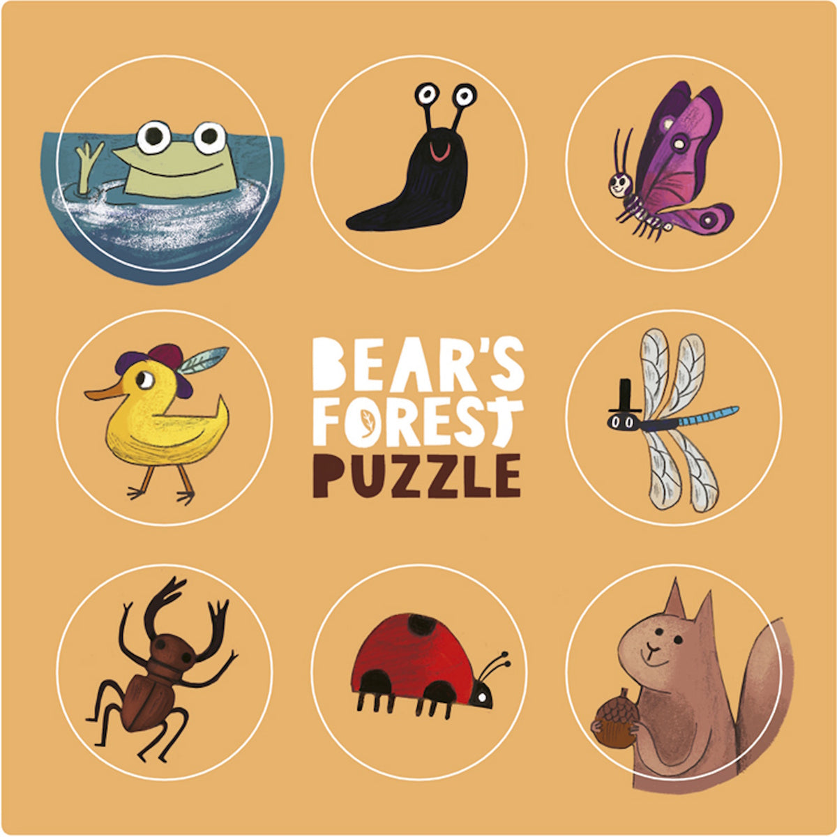 Londji Bear’s Forest Puzzle cover featuring whimsical illustrations of a frog, snail, duck, squirrel, and insects.
