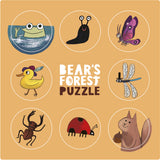 Londji Bear’s Forest Puzzle cover featuring whimsical illustrations of a frog, snail, duck, squirrel, and insects.