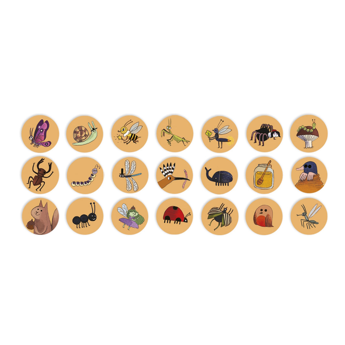 A grid of 21 whimsical forest insect and animal icons on tan circles, featuring a squirrel, bee, and ladybug.