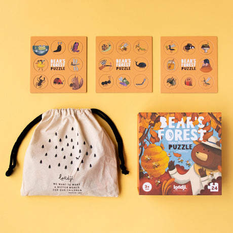 Londji Bear's Forest 24-piece nature observation puzzle for ages 3+ with wooden discs and a drawstring storage bag.