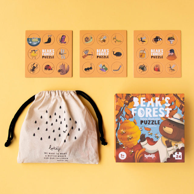 Londji Bear's Forest 24-piece nature observation puzzle for ages 3+ with wooden discs and a drawstring storage bag.