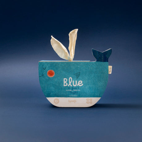 Londji Blue whale-shaped box for My First 7 Reversible and Progressive Puzzles for ages 2 plus, with fabric water spout.