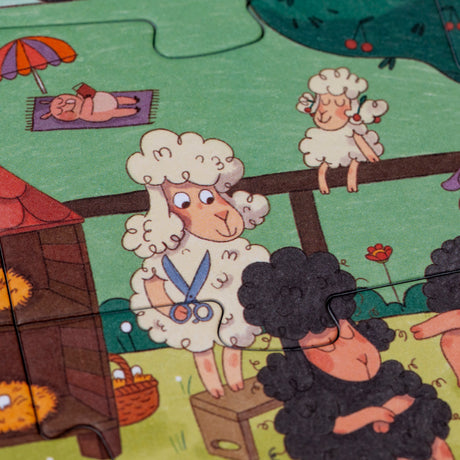 Illustration of a sheep holding scissors next to a black sheep from a Londji Farmtastic jigsaw puzzle.