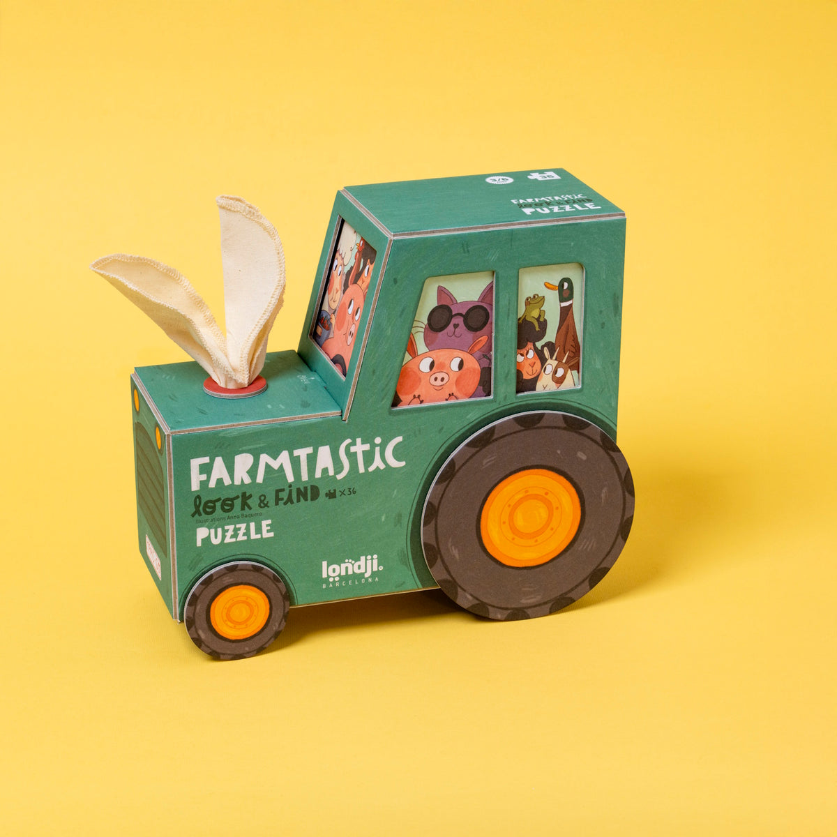 Londji Farmtastic Look & Find puzzle box shaped like a green tractor with animal illustrations on a yellow background.