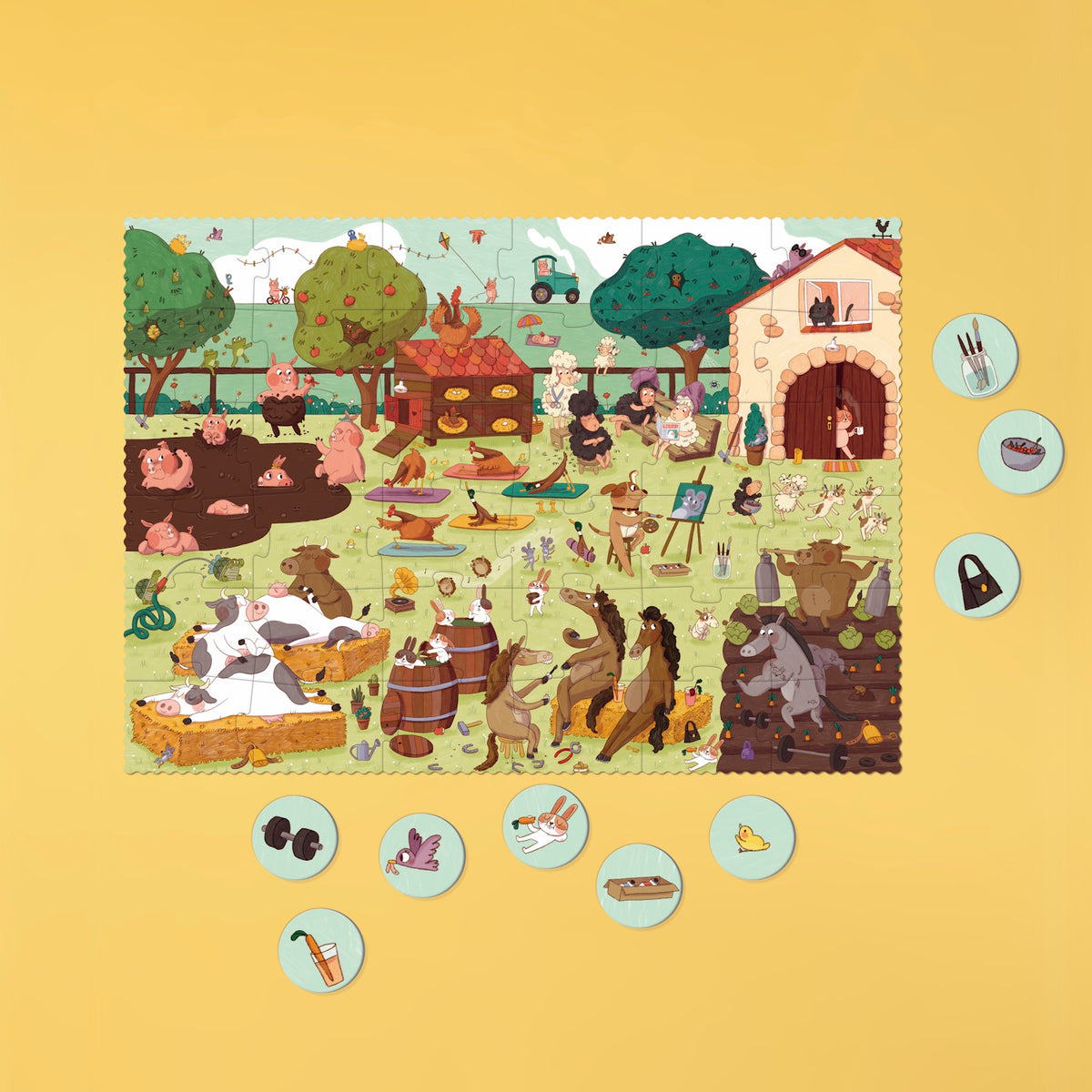 Londji Farmtastic puzzle featuring whimsical animals doing yoga, painting, and exercising on a colorful farm.