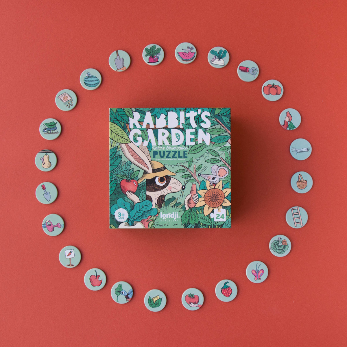 "Rabbit's Garden Nature Observation Puzzle" by Londji with game tokens on red.