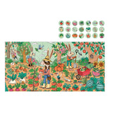 Illustration of rabbits gardening in a vibrant vegetable patch with a search-and-find icon key above.