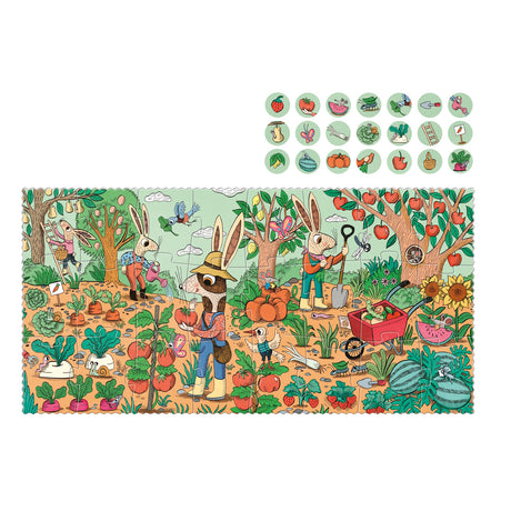 Illustration of rabbits gardening in a vibrant vegetable patch with a search-and-find icon key above.