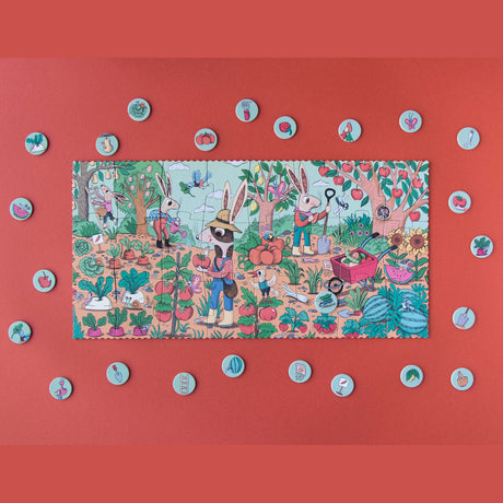 Londji Rabbits Garden puzzle with illustrated bunnies gardening, surrounded by circular search-and-find game tokens.