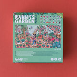 Londji Rabbit's Garden puzzle box back view showing full garden illustration and fruit and vegetable search icons.