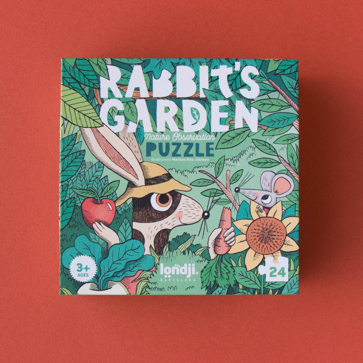 Londji Rabbit's Garden 24-piece nature observation puzzle box featuring a rabbit, mouse, and sunflower on a red background.