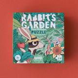 Londji Rabbit's Garden 24-piece nature observation puzzle box featuring a rabbit, mouse, and sunflower on a red background.