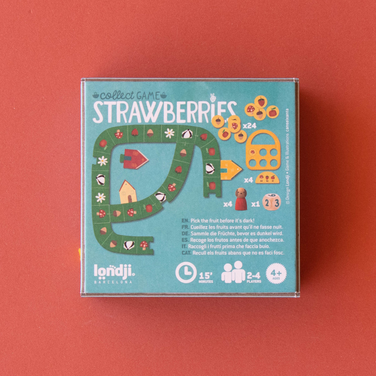 Londji Strawberries board game box showing game pieces, a green path board, and 2-4 player icons on a red background.