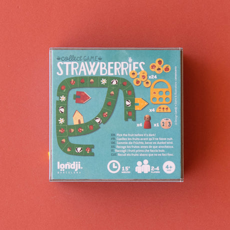 Londji Strawberries board game box showing game pieces, a green path board, and 2-4 player icons on a red background.