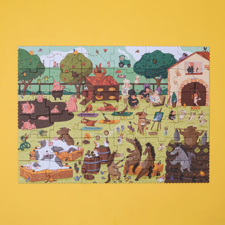 Londji Farmtastic 36-piece jigsaw puzzle featuring whimsical farm animals at a spa on a yellow background.
