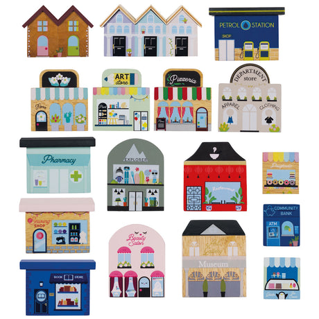 Assorted wooden toy shop and building blocks from a city train set collection.