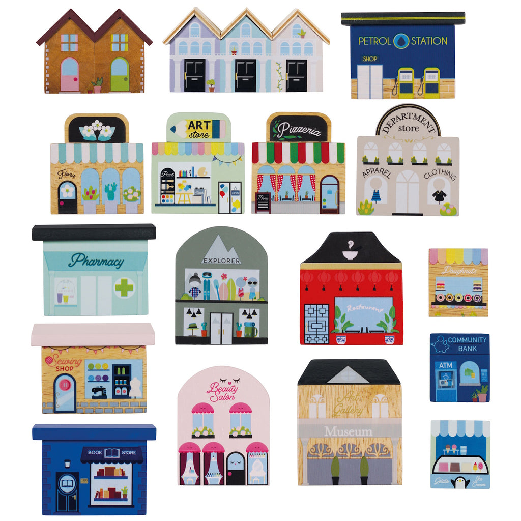 A colorful collection of 19 small, illustrated building icons, showcasing diverse stores like a pharmacy, pizzeria, and bookshop, evoking a cheerful town vibe.