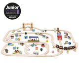 Wooden train set with tracks, bridge, and buildings, with a Junior Design Awards 2022 logo.