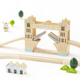 Wooden Tower Bridge set with drawbridge open, tracks, small buildings, and mini trees.