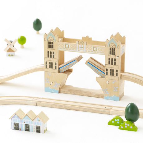 Wooden Tower Bridge set with drawbridge open, tracks, small buildings, and mini trees.