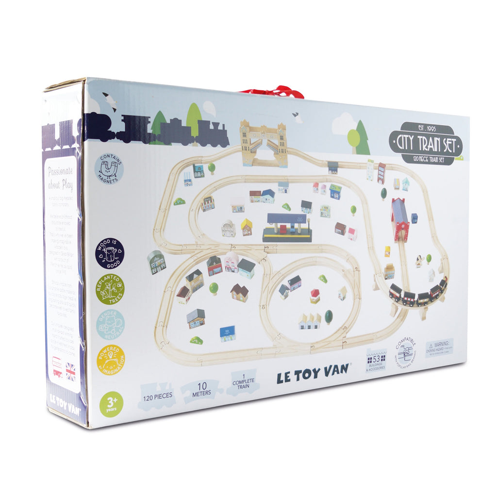 Box of Le Toy Van City Train Set, featuring a colorful illustration of a wooden train track layout with bridges and buildings, ideal for ages 3+.
