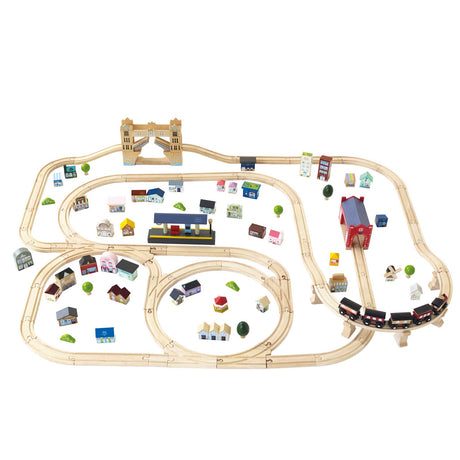 Wooden London train set with track layout, bridges, station, buildings, and a toy train.